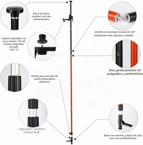Vista 2 de Mástil telescópico, mástil de soporte telescópico con poste de montaje extensible para niveles láser de láseres giratorios y lineales