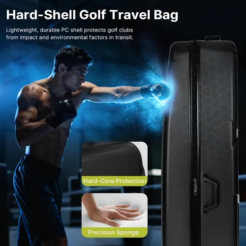 Vista 2 de Funda rígida de viaje de golf con ruedas, diseño de carcasa rígida de PC, impermeable, duradera y de gran capacidad, funda de viaje de golf
