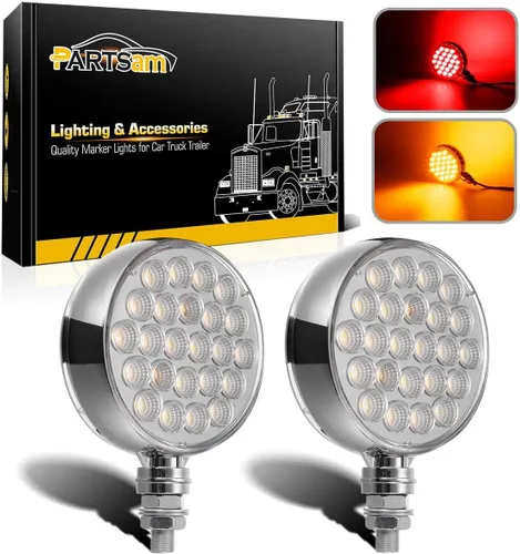 Vista 8 de Partsam 2 luces de pedestal redondas cromadas de doble cara de 3 pulgadas, color rojo/ámbar, 30 LED selladas, lente transparente, montaje