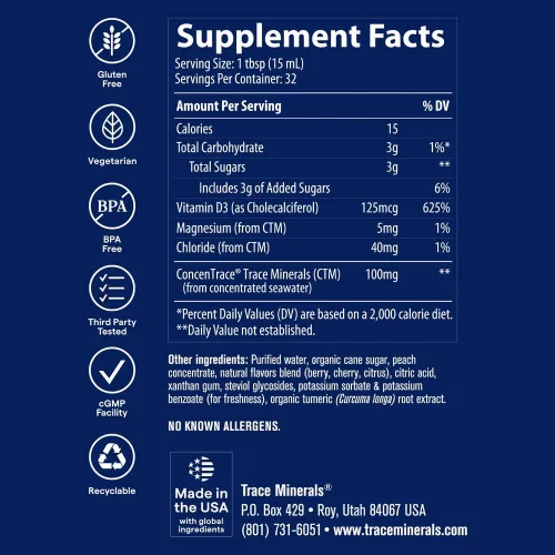 Vista 3 de Trace Minerals Vitamina D3 líquida 126 mcg (5000 UI) D3 con espectro completo de Trace Minerals iónico Absorción rápida, alta potencia Sabor
