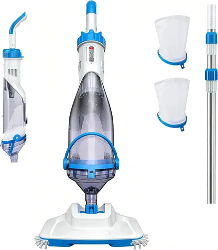 Vista 8 de Consciot Aspiradora de piscina para piscina sobre el suelo y piscina enterrada, limpiador de mano recargable con poste telescópico, succión de 18.5