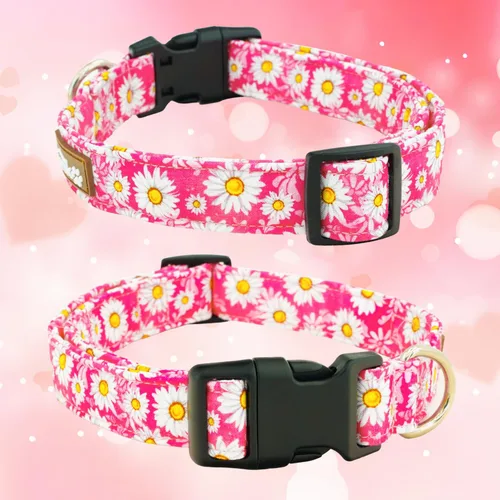 Vista 2 de Tunkoo Pink Daisy - Collar para perro, lindo collar ajustable de algodón de alta calidad, hebilla de plástico duradero para niños pequeños, medianos