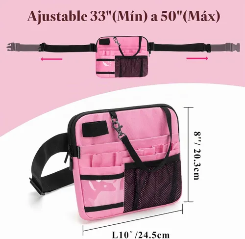 Vista 5 de Damero - Cangurera para enfermera con bolsillos para equipos médicos y soporte para cinta, color rosa
