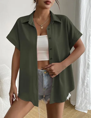 Vista 4 de Zeagoo Blusas de verano de manga corta para mujer, camisas casuales con botones, blusas de trabajo de negocios sólidas/a rayas