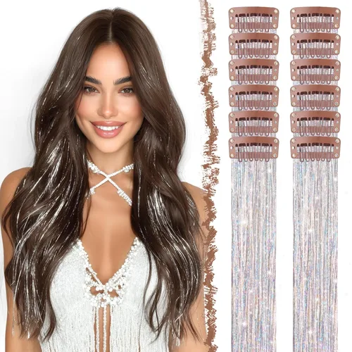 Vista 23 de FESHFEN Juego de 12 extensiones de cabello con clip, color negro, con clip, con purpurina, kit de accesorios coloridos para mujeres, de 20 pulgadas