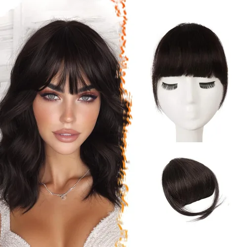 Vista 9 de BARSDAR Flequillo postizo de pelo humano real - Flequillo postizo 100% pelo humano para mujeres - Extensiones de flequillo ondulado castaño rojizo
