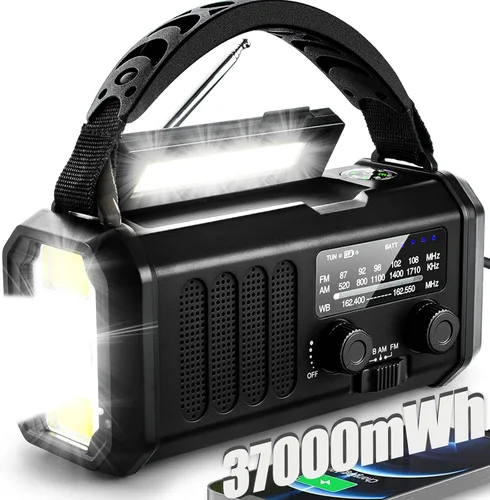 Vista 8 de QAUYYW Radio de emergencia con manivela, radio NOAA AM FM meteorológica portátil con manivela de 37000 mAh solar, con linterna de 3 modos y luz