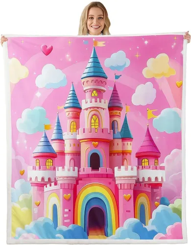 Vista 22 de Princess Flannel Blanket All Seasons,Rainbow Cloud Stars Butterfly Bed Blanket for Kawaii Home Decor,Dreamy Fairy Tale Castle Blanket for Kids Girls