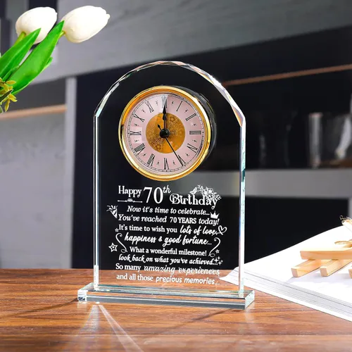 Vista 3 de Ornalrist Reloj de cristal de feliz cumpleaños 70 para mujeres, hombres, recuerdo de cumpleaños de 70 años para mamá, papá, padres, decoración