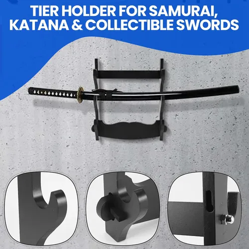 Vista 5 de SZCO Estante de exhibición de pared Three Sword – Soporte de madera de 3 niveles para samuráis, katana y espadas coleccionables – Percha de pared