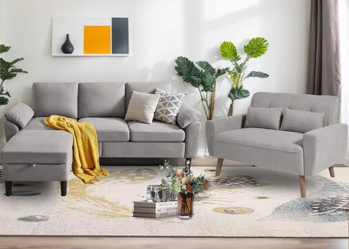 Vista 9 de Juego de 2 sofás para sala de estar, sofás convertibles en forma de L de 3 asientos con otomana y silla decorativa, sofá moderno de lino para Gris