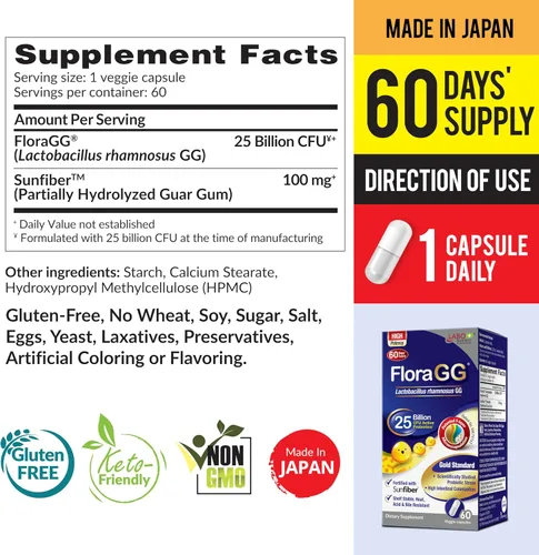 Vista 2 de LABO Nutrition FloraGG Lactobacillus Rhamnosus LGG 25 mil millones de UFC al día (probiótico LGG con fibra solar) 5 capas microencapsulado L.