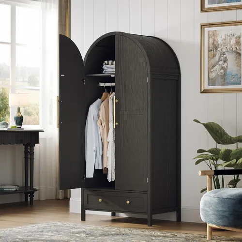 Vista 12 de VINGLI Armario Ropero Estriado con Puertas y Cajones, Gabinete Armario Blanco con Barra para Colgar, Armario de Madera para Dormitorio, Armario