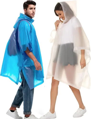 Vista 35 de Paquete de 2 ponchos de lluvia para adultos, reutilizables, impermeables, de supervivencia, emergencia, resistente, con capucha con cordón
