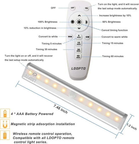 Vista 4 de LDOPTO - Juego de 2 luces para debajo del armario, luces LED con control remoto accionadas a pila, iluminación LED para debajo del armario