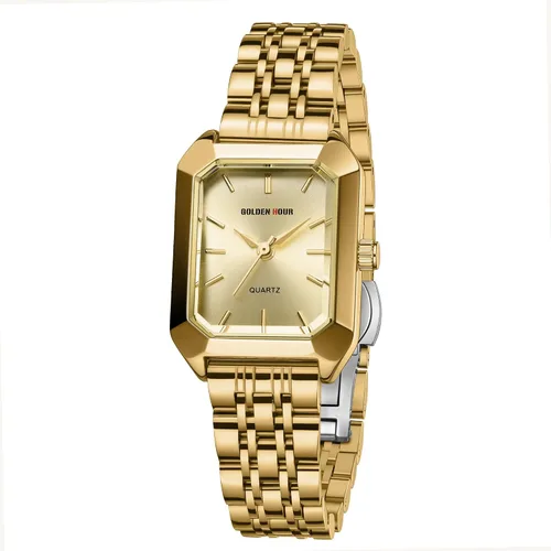 Vista 3 de GOLDEN HOUR Reloj rectangular de cuarzo para mujer, correa de acero inoxidable en tono dorado