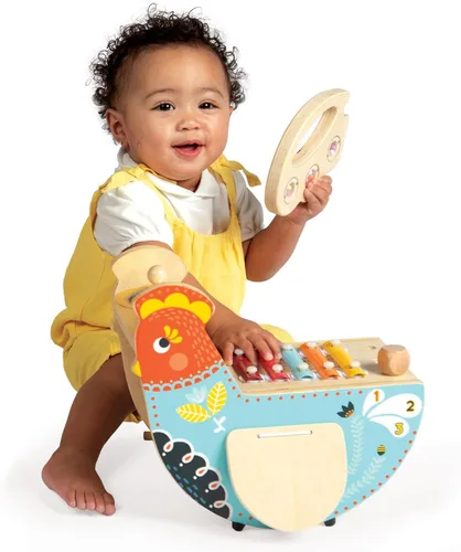 Vista 4 de Manhattan Toy Pollo Musical Instrumento de Madera para Niños Pequeños con Xilófono, Baquetas, Platillo y Maraca, Azul