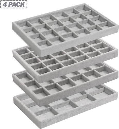Vista 7 de DIOMMELL Juego de 4 bandejas apilables de terciopelo para joyas, caja de almacenamiento de exhibición, soporte para aparador, cajón organizador
