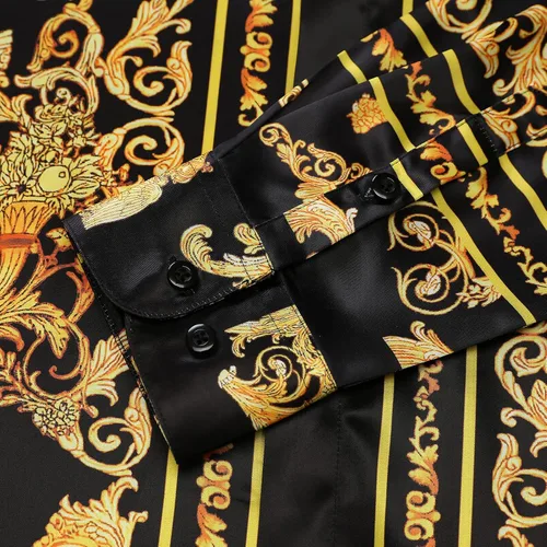 Vista 4 de Mens Luxury Brand Printed Silk Like Satin Button Down Dress Shirt for Party Prom Long Sleeve Slim Fit Floral Nightclub Shirt
