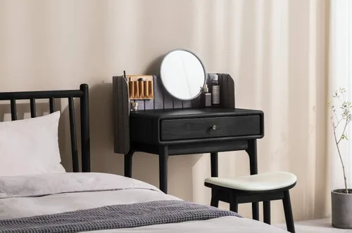 Vista 7 de URFORESTIC Taburete de tocador de madera de roble, moderno taburete de maquillaje con superficie de asiento cóncavo, capacidad de 300 libras, fácil