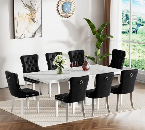 Vista 13 de Henf Juego de mesa de comedor extensible de 78 pulgadas para 6 mesas rectangulares de madera de 7 piezas con 6 sillas tapizadas de terciopelo, mesa
