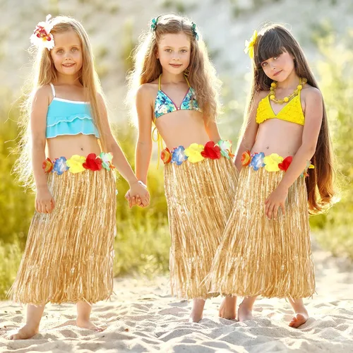 Vista 5 de Toulite 36 faldas hawaianas de hierba hawaiana Luau Hula de 24 pulgadas, vestido de hierba hawaiana tropical, disfraz de verano para mujeres y niñas