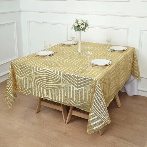 Vista 4 de Efavormart - Mesa cuadrada de tul geométrico con lentejuelas doradas brillantes de 72 pulgadas Dorado
