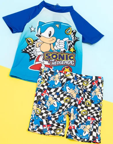 Vista 3 de Sonic The Hedgehog Boys Swimsuit Set Kids Blue 2 Piece T-Shirt & Swim Shorts Racing Checkers & Rings Swimming Costume