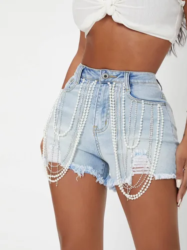 Vista 3 de Verdusa Pantalones cortos de mezclilla con cuentas de perlas de diamantes de imitación para mujer