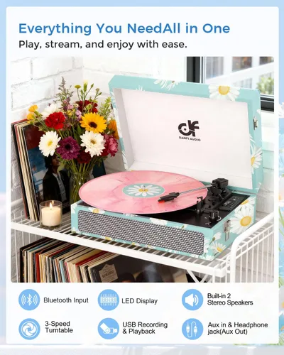 Vista 2 de Tocadiscos de vinilo Bluetooth con altavoces integrados, tocadiscos portátil vintage de 3 velocidades con auriculares de grabación USB/conector