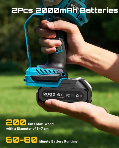 Vista 5 de SEESII Mini motosierra sin escobillas de 6 pulgadas, sierra de mano con 2 baterías de 2000 mAh, motosierra inalámbrica con engrasador automático