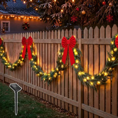 Vista 6 de Knitgrip 2 piezas de decoraciones de valla de Navidad de 9 pies en total de 18 pies con luz solar, guirnalda de cedro de Navidad al aire libre con 4