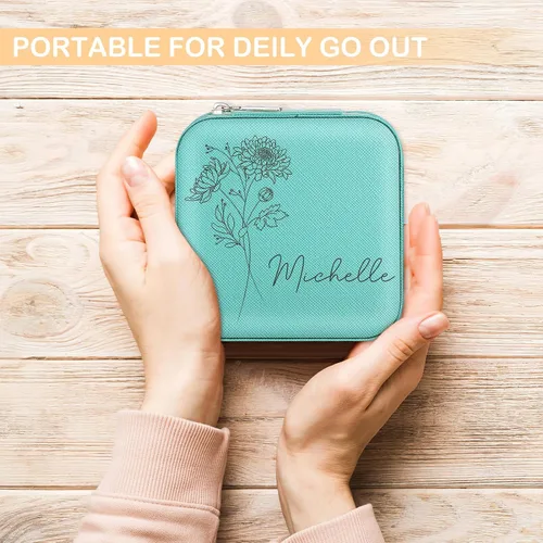 Vista 5 de Joyero personalizado personalizado de viaje, joyero de cuero, pequeño regalo personalizado para mujeres y niñas, nombre y mes de la flor