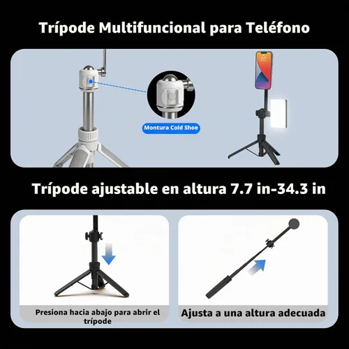 Vista 7 de PHOPIK Trípode magnético para teléfono selfie stick de 35 pulgadas, trípode extensible para teléfono con zapata fría y control remoto, compatible
