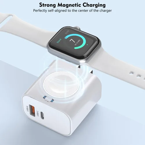 Vista 5 de Cargador de Apple Watch, magnético inalámbrico para carga de Apple Watch, paquete de 2, 23 W de doble puerto (USB-C + USB-A), bloque de carga rápida
