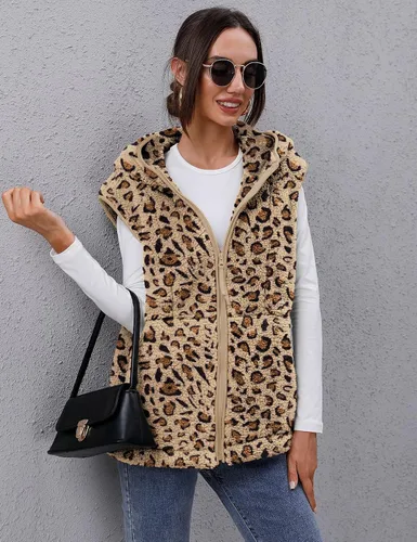 Vista 5 de TFSDOD Chaleco de forro polar sherpa para mujer, acogedor, sin mangas, con bolsillo, chaleco con capucha y cremallera para mujer