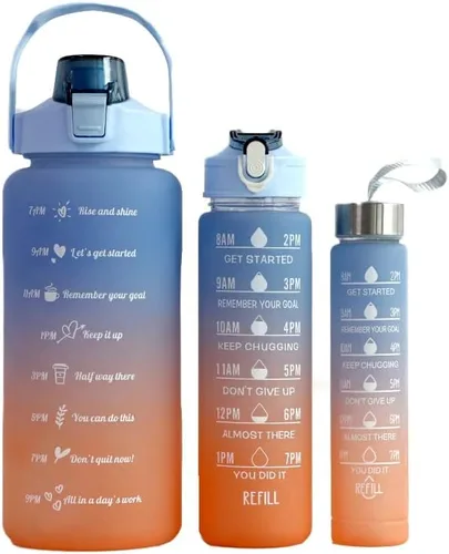 Vista 2 de Water Bottles for Family - Set of 3 with Time Markers & Phone Holder - BPA-Free, Food Grade Silicone - Perfect Hydration for Fitness or Sports 3 Blue