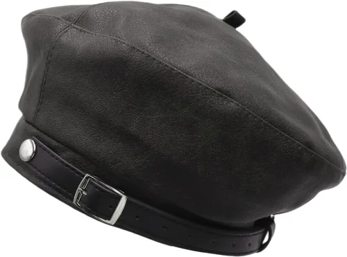 Vista 6 de MINGSEECESS Mujeres PU cuero francés negro boina sombrero Causal Beanie Hat Cinturón-marrón