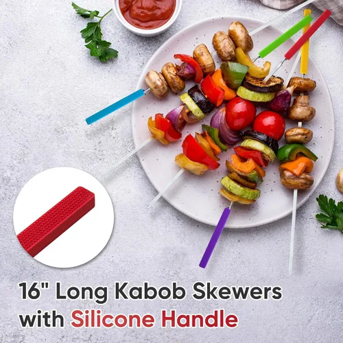 Vista 3 de Brochetas de parrilla con mango de silicona, brochetas de kebab de 16 pulgadas de largo, paquete de 10 pinchos planos reutilizables de acero