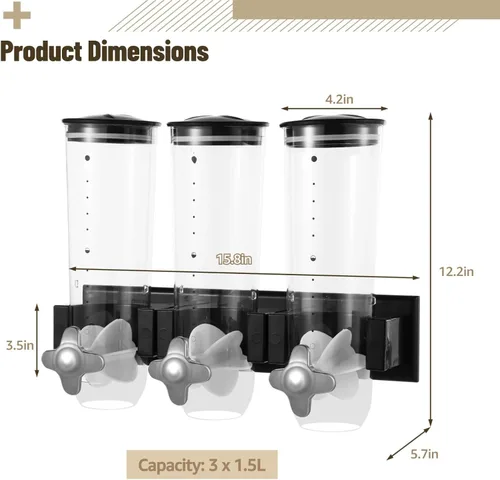 Vista 6 de Dispensador de pared de 3 cabezales, dispensador grande de alimentos secos de 4.5L, dispensador de cereales y dispensador transparente, recipiente