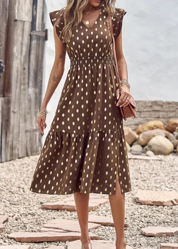 Vista 2 de KIRUNDO Vestido de verano para mujer, con volantes, sin mangas, cuello en V, elegante, con abertura, acampanado, para fiesta en la playa, cóctel