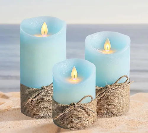 Vista 5 de Velas sin llama azul océano, velas LED de pilar con control remoto y temporizador, velas decorativas parpadeantes para regalos, fiestas, bodas