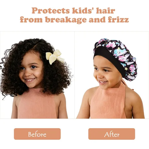 Vista 3 de 4 gorros de seda para dormir, gorros de satén para niñas, gorro de dormir de satén para cabello rizado natural y banda ancha elástica