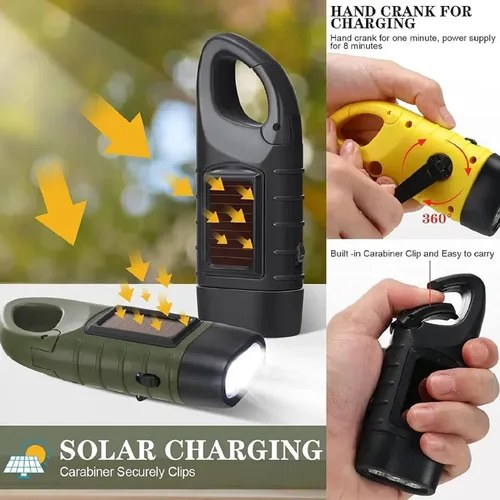 Vista 8 de Emblem OD linterna solar con manivela, linterna de emergencia recargable LED para supervivencia con dinamo, manivela y clip de mosquetón. Recargable