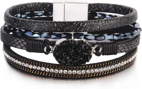 Vista 300 de FANCY SHINY - Pulsera de cuero estilo bohemio, pulsera de cuentas de cristal con cierre magnético, regalos de joyería para mujer