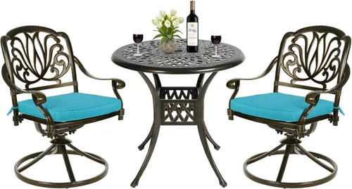 Vista 21 de Juego de comedor de patio al aire libre de 3 piezas, juego de conversación de aluminio fundido para todo tipo de clima con 2 cojines giratorios