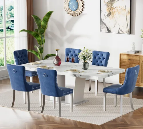 Vista 31 de Juego de mesa de comedor extensible de 63 a 79 pulgadas para 4, moderna mesa de cocina expandible con 4 sillas de terciopelo, mesa de madera gruesa