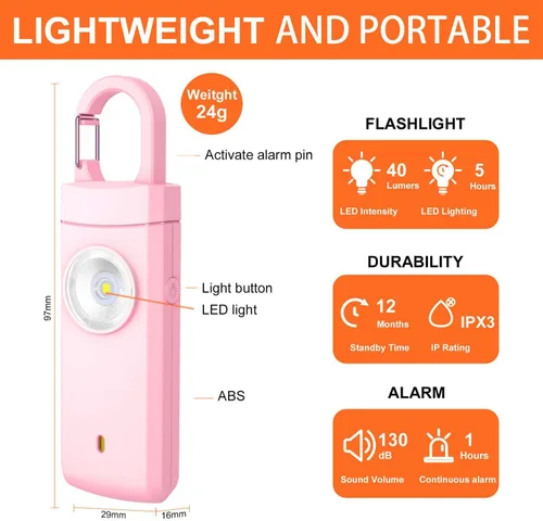 Vista 2 de FA FIGHTART Alarma de seguridad personal para mujeres, luz de sirena fuerte, recargable, para estudiantes, niños, niñas, ancianos, niños (rosa)
