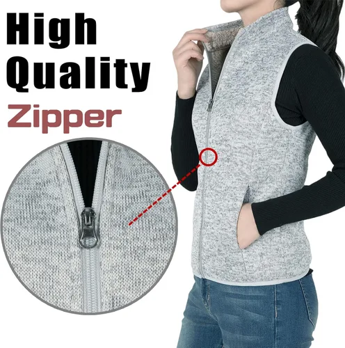 Vista 4 de Chaleco de forro polar con cremallera para mujer, forro de sherpa, resistente al viento, chaleco cálido con bolsillo Fresno