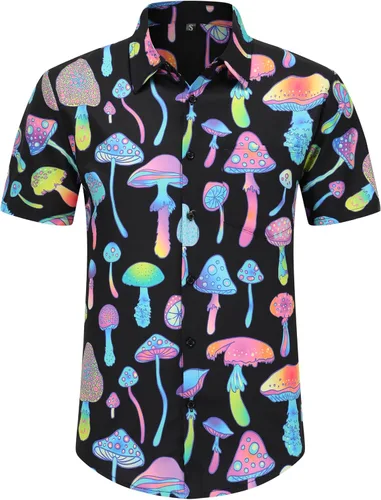 Vista 3 de PATSINFOS ropa de festival para hombre, trajes de festival para hombres, trajes rave para hombres, camisa hawaiana de hongos para hombres, 01